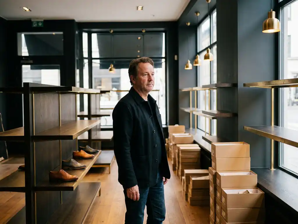 Schoenwinkel eigenaar staat nadenkend tussen lege rekken met kartonnen dozen en resterende schoenen, warme eiken vloer en messing verlichting