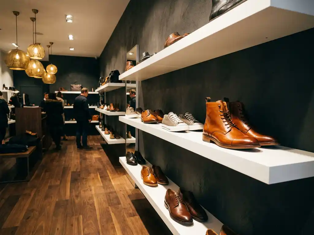 Moderne schoenenwinkel met cognac leren laarzen, sneakers en nette schoenen op witte wandplanken boven walnotenhout vloer