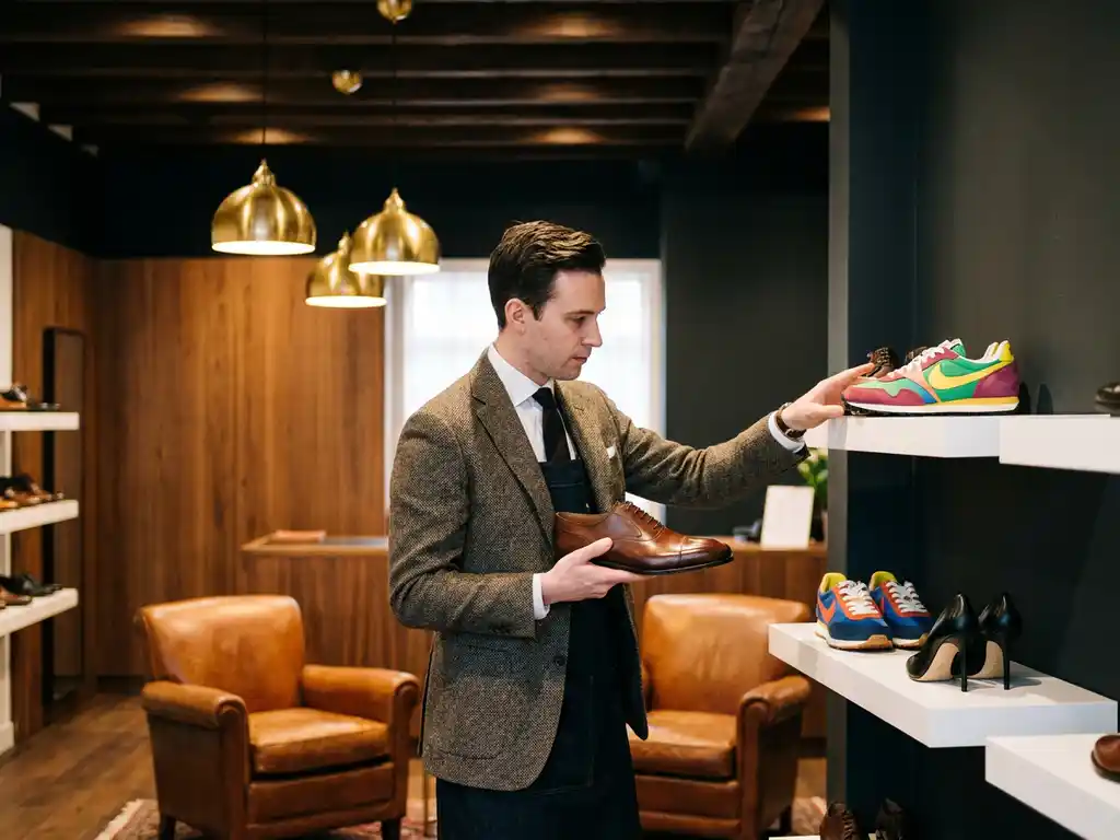 Schoenverkoper onderzoekt bruine leren herenschoen in luxe winkel met kleurrijke sneakers en hakken op witte planken