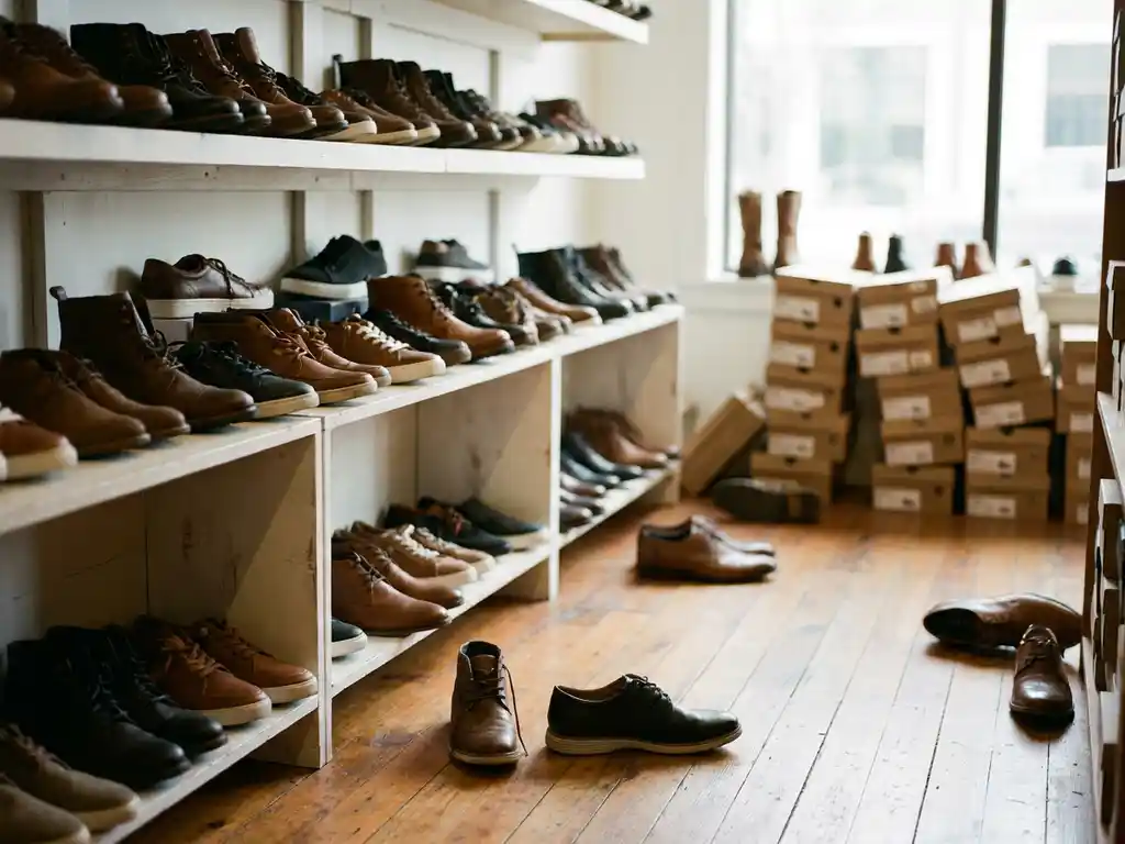 Rommelige schoenwinkel met verspreide schoenen op witte planken, gevallen producten en scheef gestapelde dozen op houten vloer