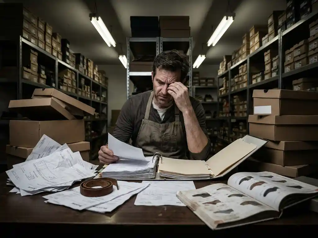 Gefrustreerde schoenverkoper onderzoekt verspreide facturen en leverancierscontracten op rommelige houten bureau in donkere voorraadruimte