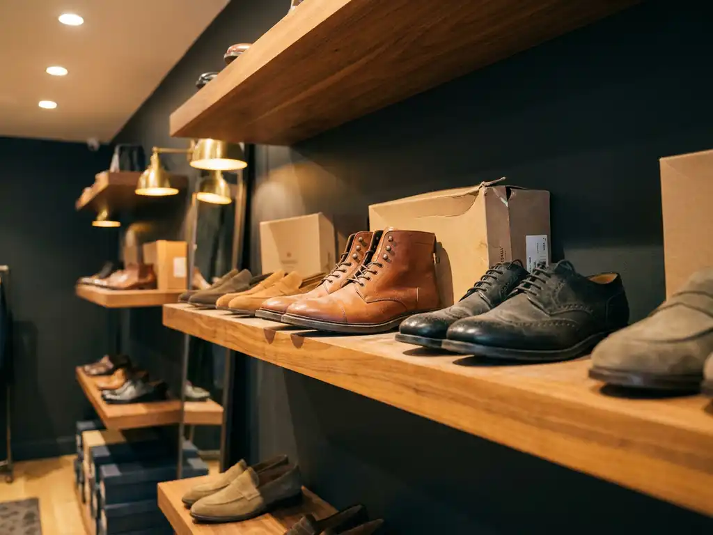 Schoenenwinkel display met cognac leren laarzen en zwarte nette schoenen op houten planken tegen donkere muur