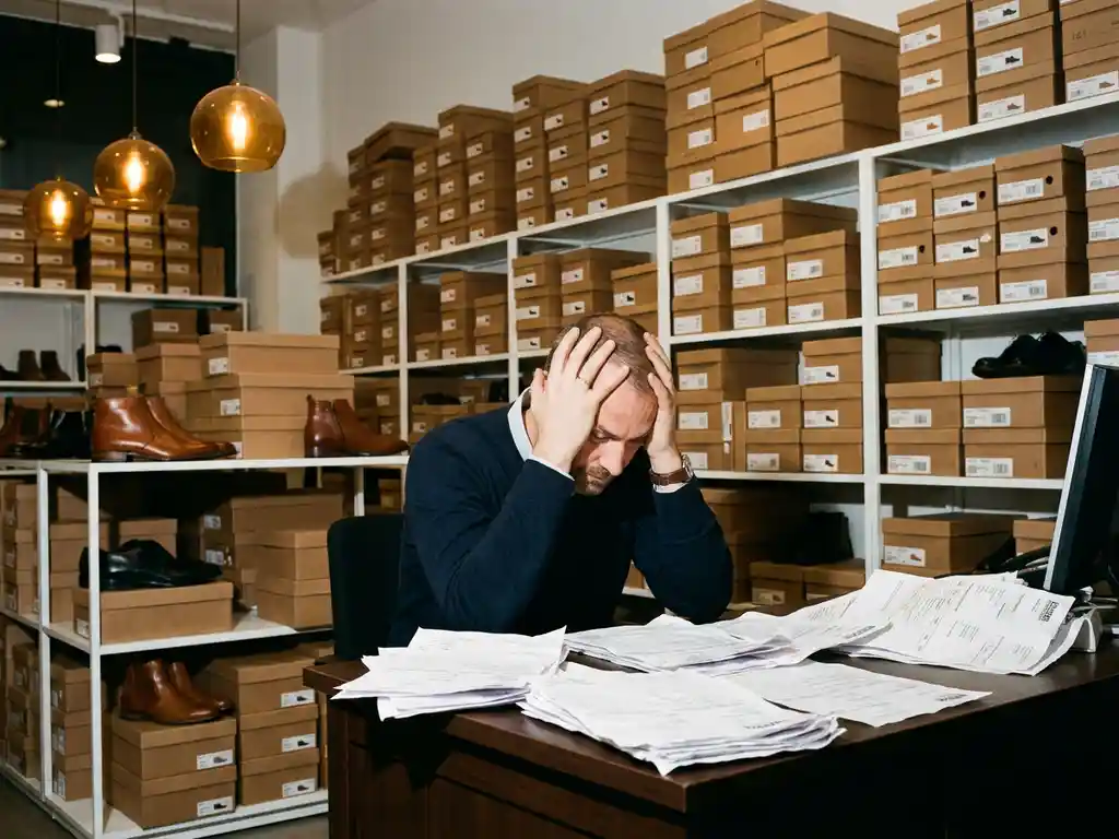 Gefrustreerde schoenwinkel eigenaar kijkt naar torenhoge stapels onverkochte schoenendozen op witte planken in moderne showroom