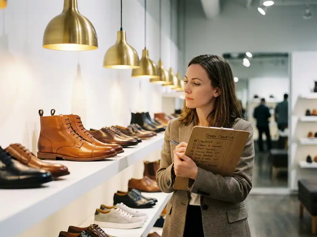 Professionele schoeninkoper bestudeert checklist op klembord in moderne showroom met verlichte leren laarzen en schoenen