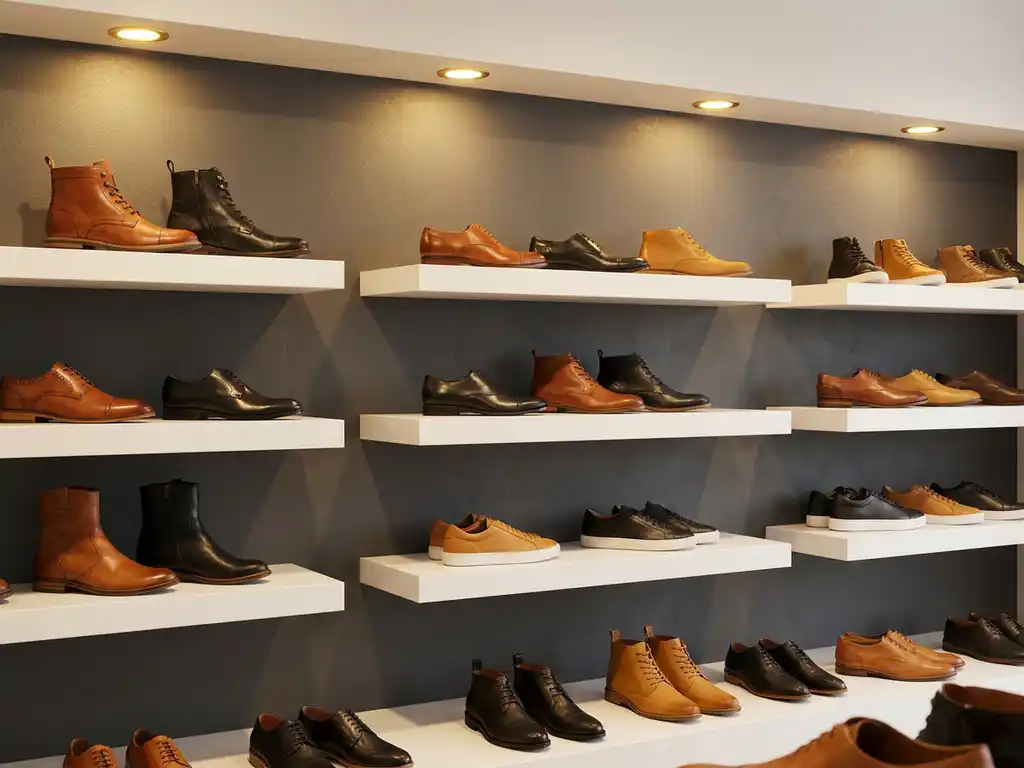 Moderne schoenwinkel displaywand met leren laarzen, nette schoenen en sneakers in cognac, zwart en camel tinten op witte planken