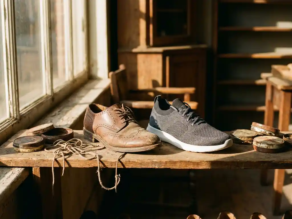 Vintage leren schoen en moderne sneaker op verweerde houten plank met veters en schoensmeer, dramatisch zonlicht
