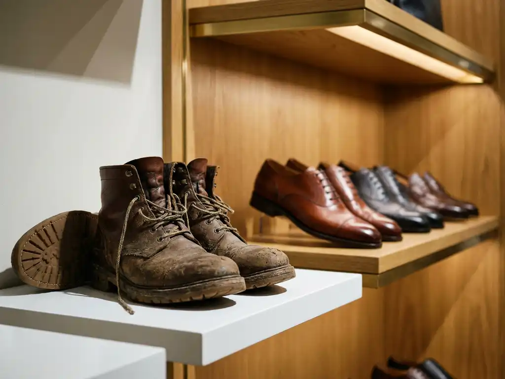 Versleten werkschoenen met losse zool naast rij premium leren schoenen op eiken showroom plank