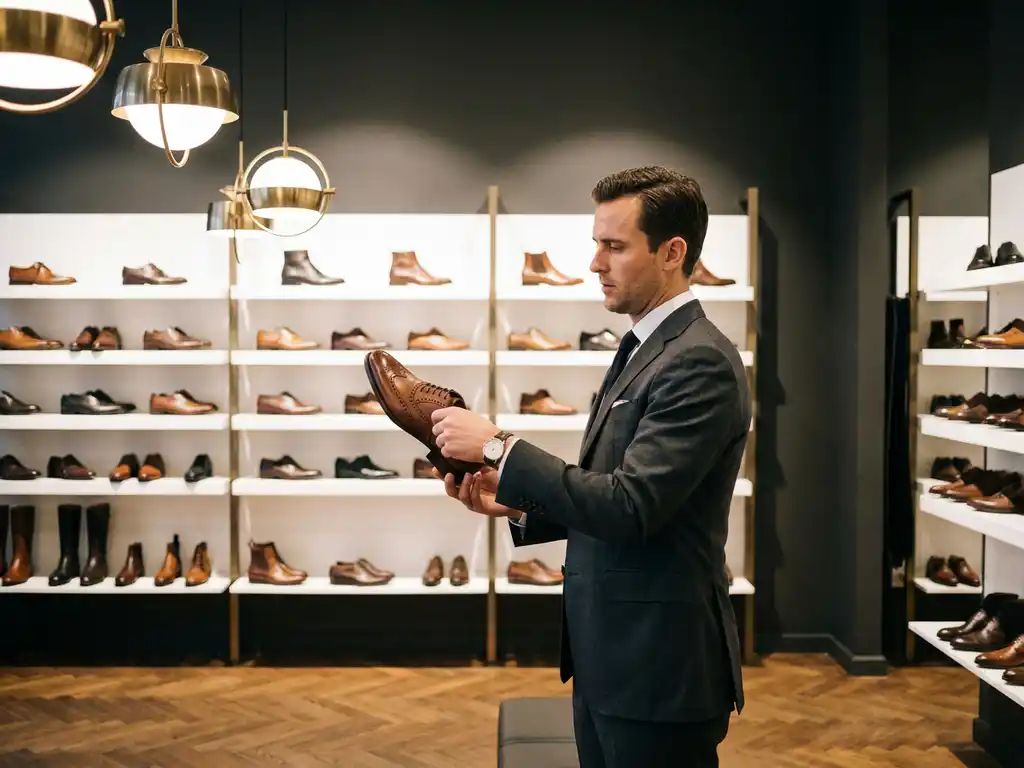 Zakenman inspecteert leren schoen in moderne B2B-showroom met witte displays en warme houten vloer