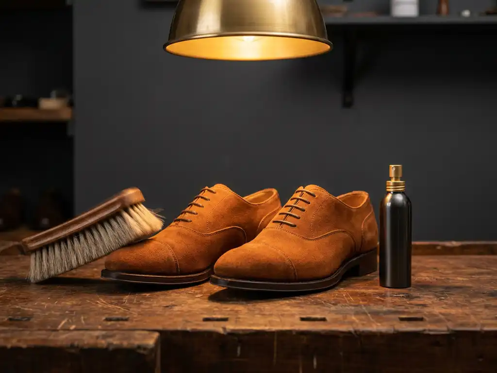 Cognac suède schoenen op een walnoten werkbank, één naast een zachte borstel en één naast een impregnatiespray, warm messingen licht.