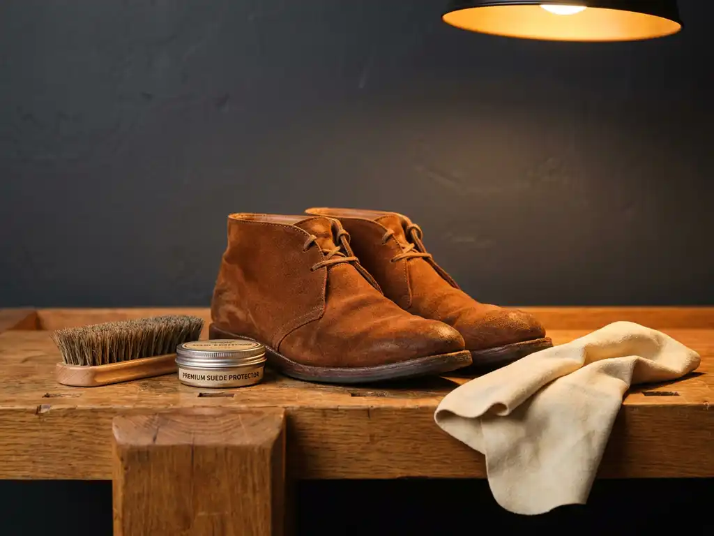 Cognac suède schoenen naast een houten borstel en beschermingsspray op een eiken werkbank, zacht leren doek erbij.