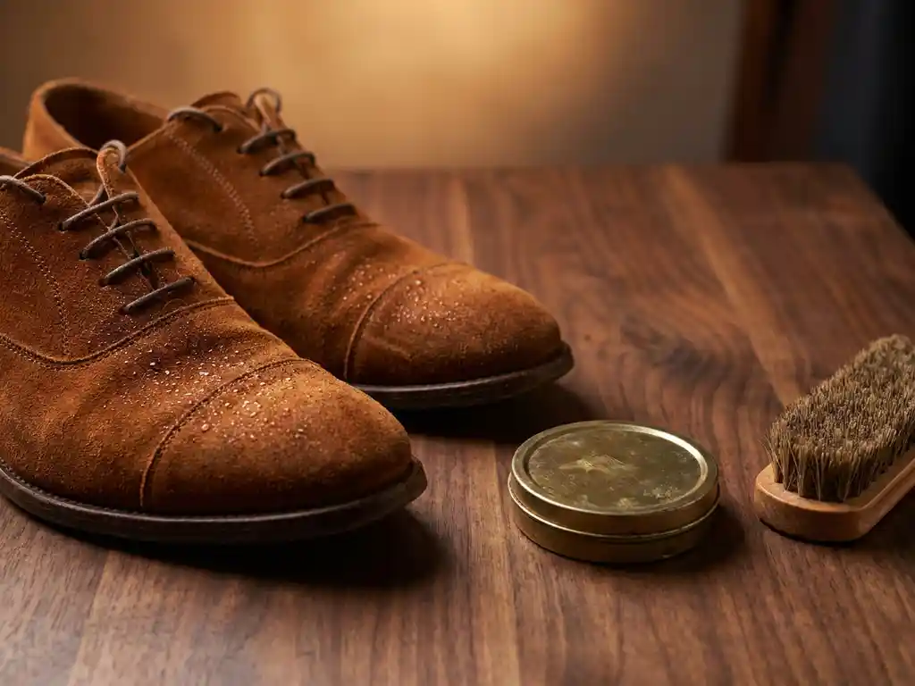 Cognac suède schoenen op donker walnoothouten oppervlak met messingsblikje en natuurlijke borstel, waterdruppels zichtbaar op het suède.