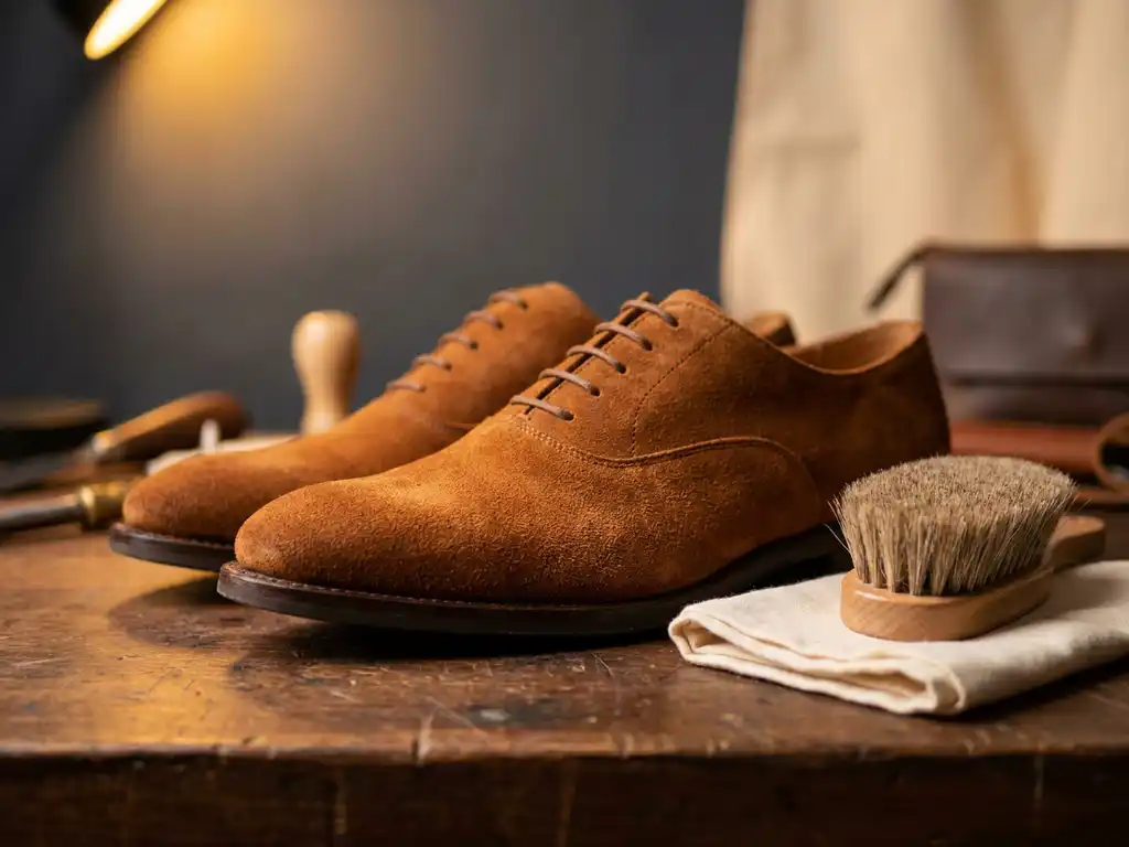 Cognac suède schoenen op donker walnoothouten werkbank met natuurlijke borstel en poetsdoek, verlicht door warm amberkleurig licht.