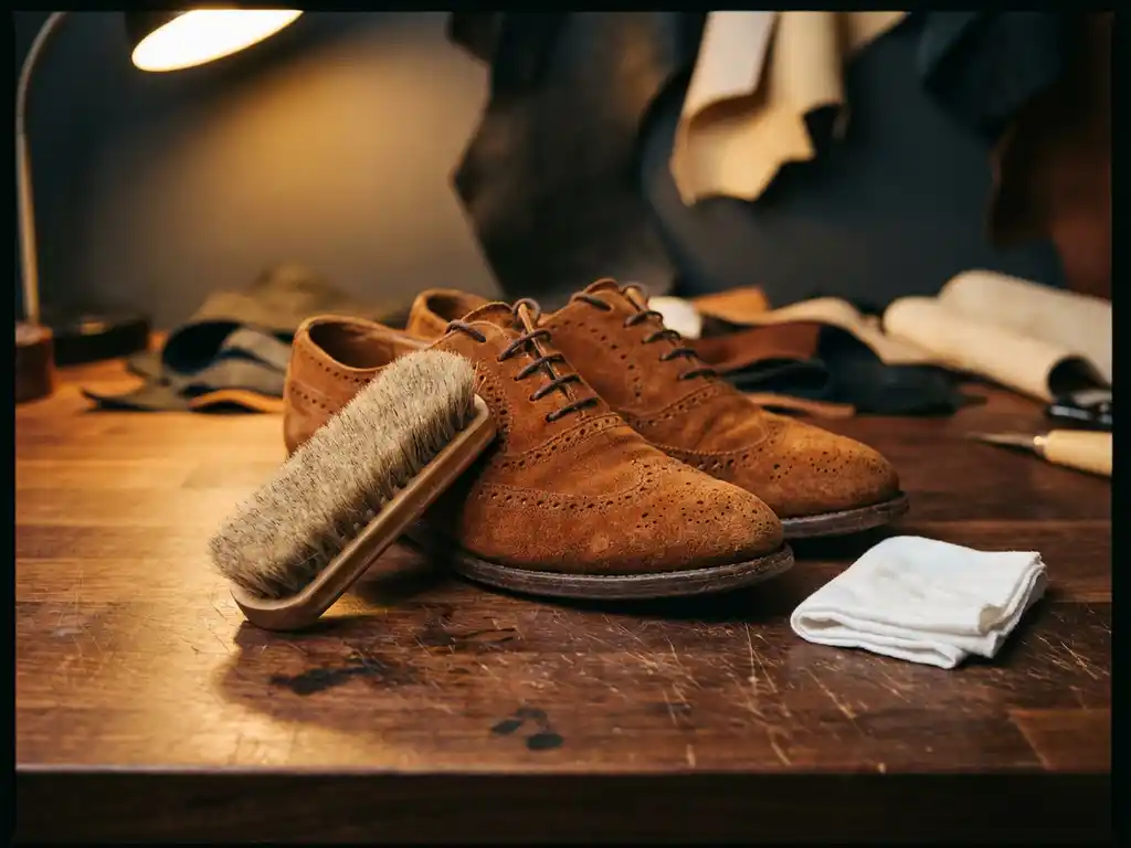 Cognac suède schoenen op een donker walnoten werkbank met een natuurlijke borstel en gevouwen witte doek in warm amberkleurig licht.