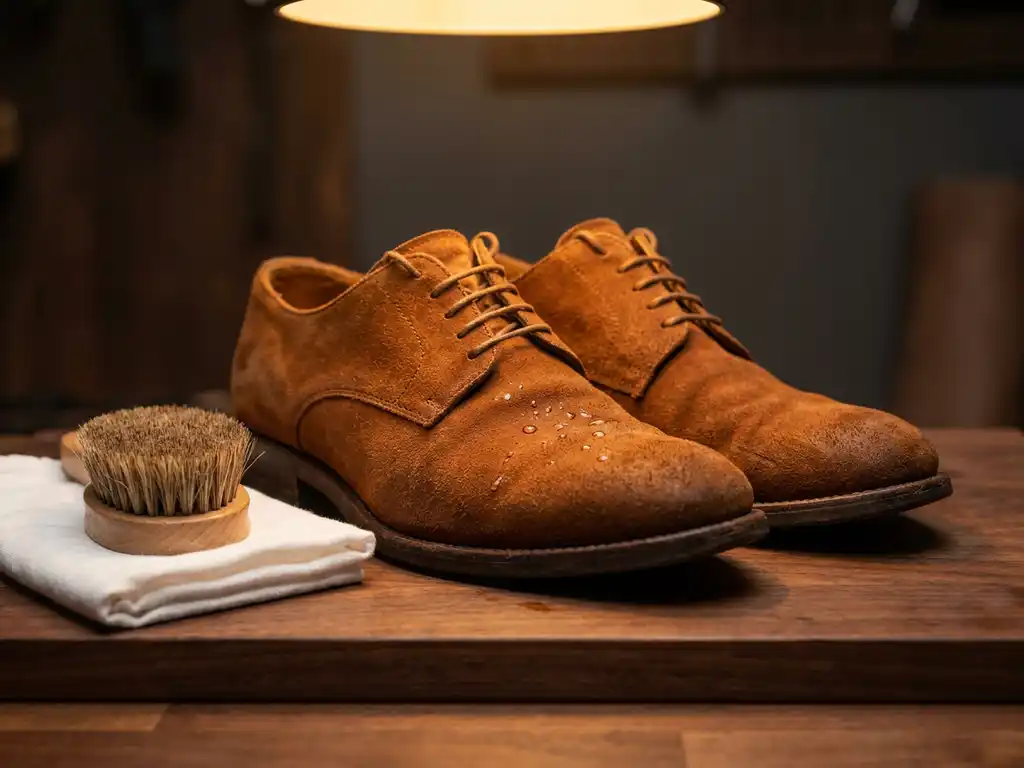 Cognac suède schoenen op donker walnoothouten oppervlak met natuurlijke borstel en witte doek, waterdruppels zichtbaar op het suède.