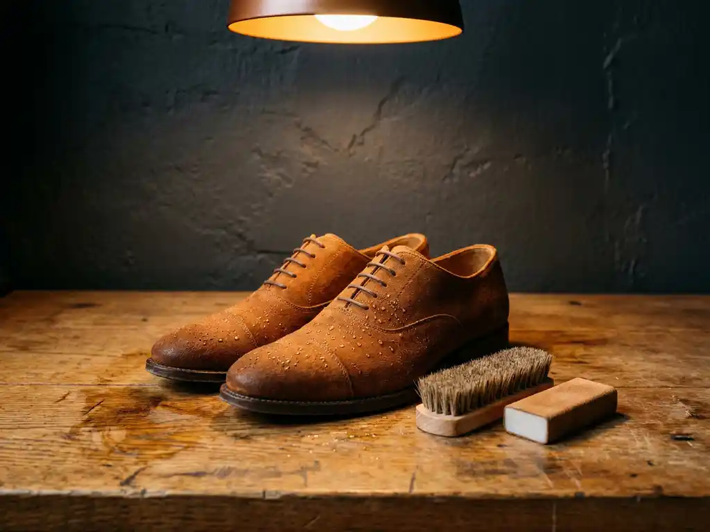 Natte cognackleurige suède schoenen op een houten werkbank met waterdruppels, natuurlijke borstel en suède gum ernaast.