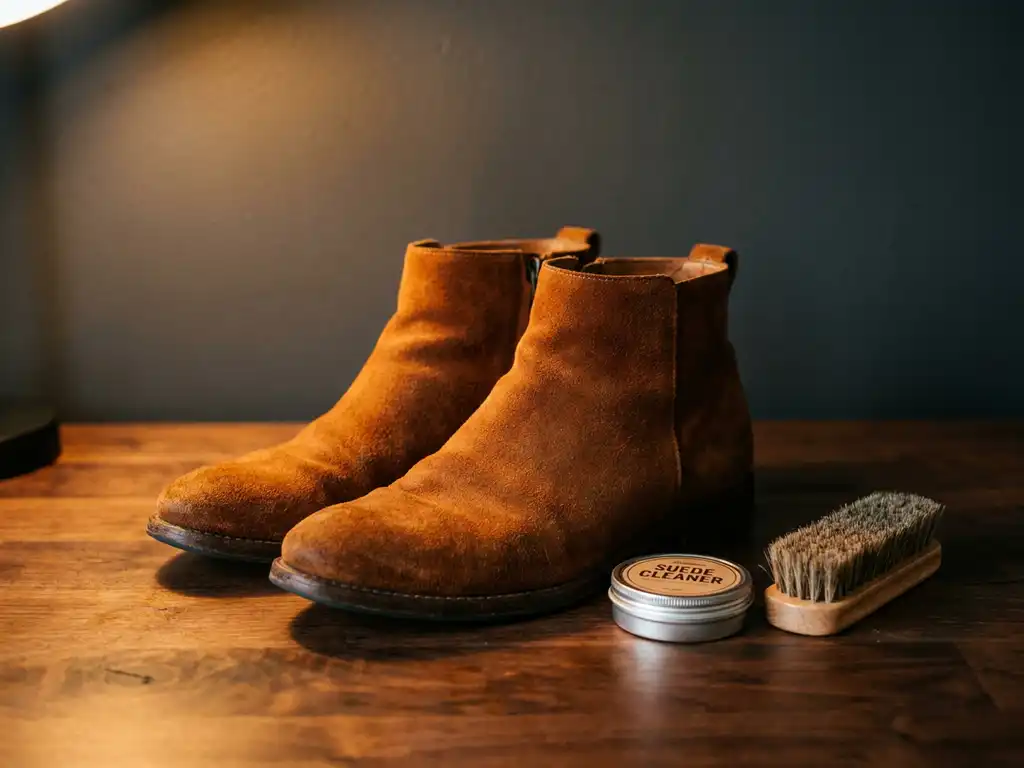 Cognac suède enkellaarsjes op donker walnoten werkbank met natuurlijke borstel en blikje suèdereiniger in warm amberkleurig licht.