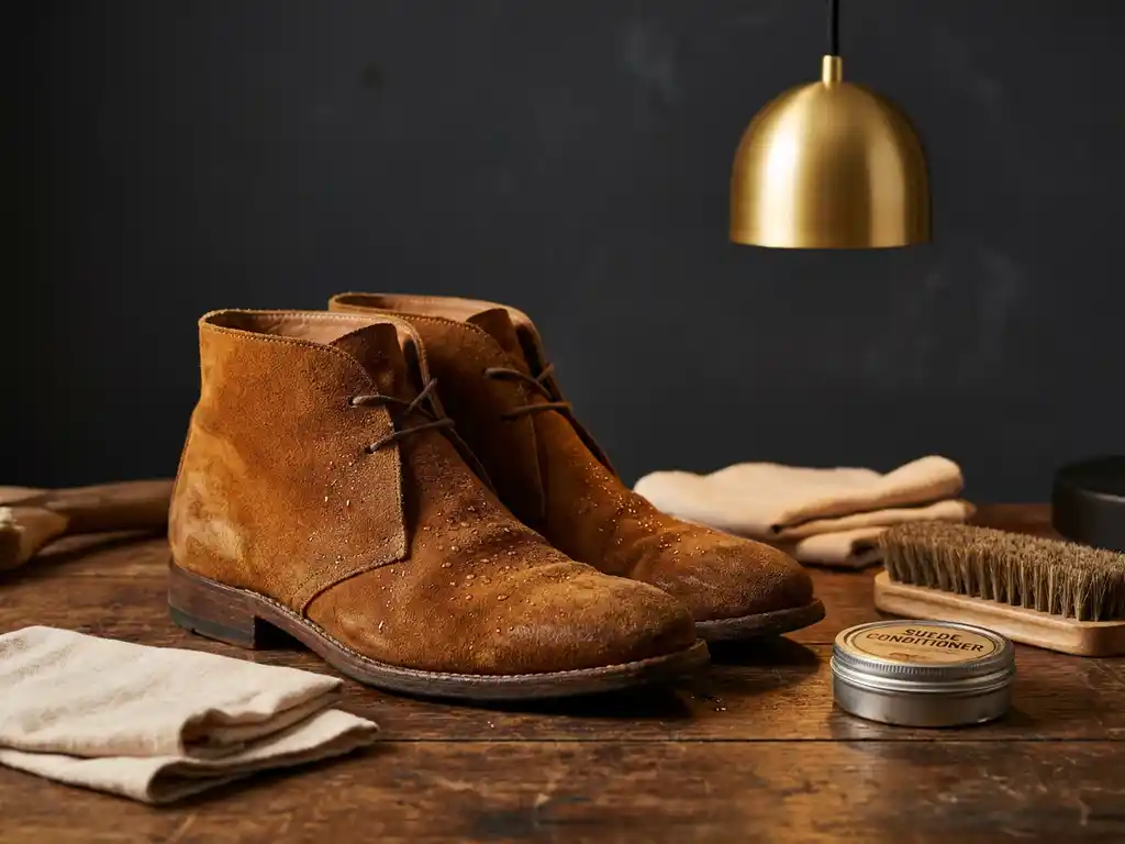 Cognackleurige suède enkellaarsjes op houten werkbank met droge doeken, borstel en conditioner, waterdruppels zichtbaar op het nappaleer.