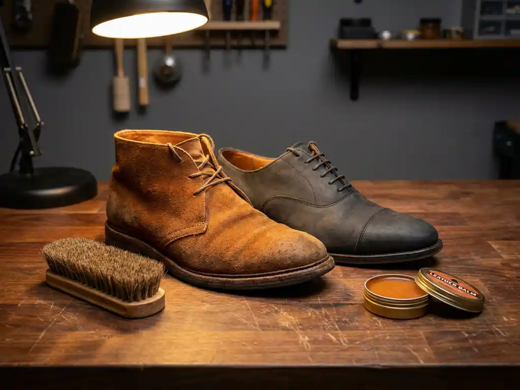 Versleten suède laars en nubuck oxford schoen op walnoten werkbank met borstel en reinigingsbalm, warme belichting accentueert leerstructuur.