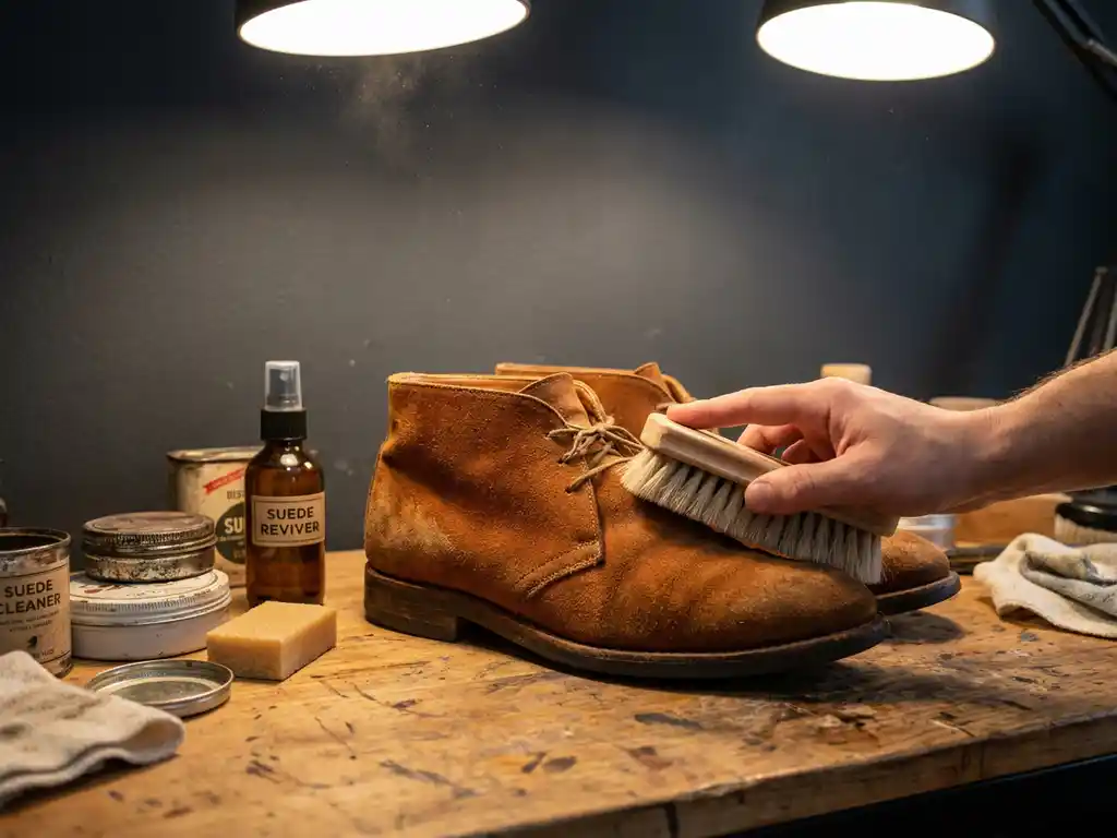 Versleten cognackleurige suède schoen op houten werkbank, zachte borstel herstelt de nap, omringd door suède verzorgingsproducten.