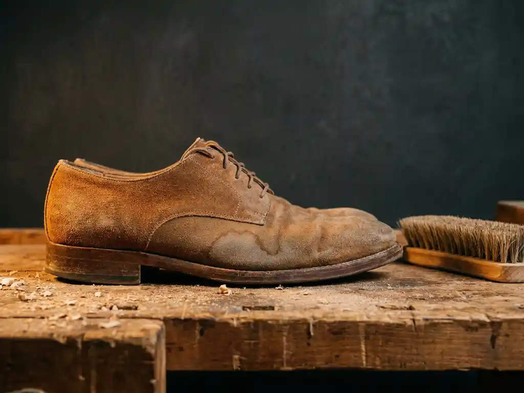 Versleten suède schoen met watervlek op rustieke houten werkbank, zacht borsteltje ernaast, dramatisch zijlicht onthult suède textuur.