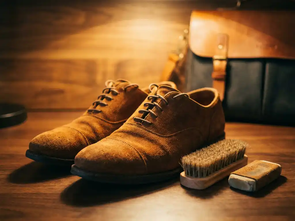 Cognac suède schoenen op donker walnoothouten oppervlak met natuurlijke borstel en suède gum ernaast.