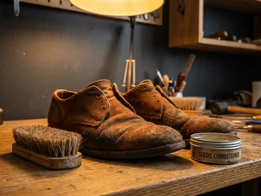 Droge, gekreukelde suède schoenen op houten werkbank naast een borstel en blikje suède conditioner, close-up met ondiep scherptediepte.