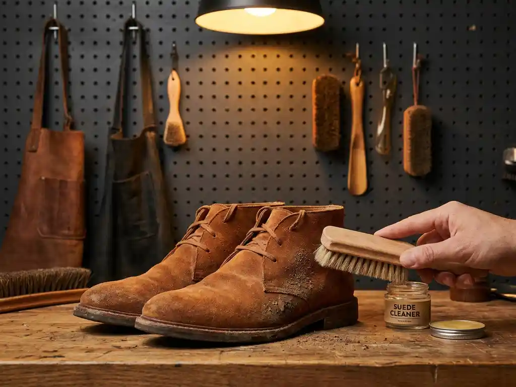Cognackleurige suède schoenen op houten werkbank, zacht borsteltje verwijdert droogde modder naast pot suède reiniger.