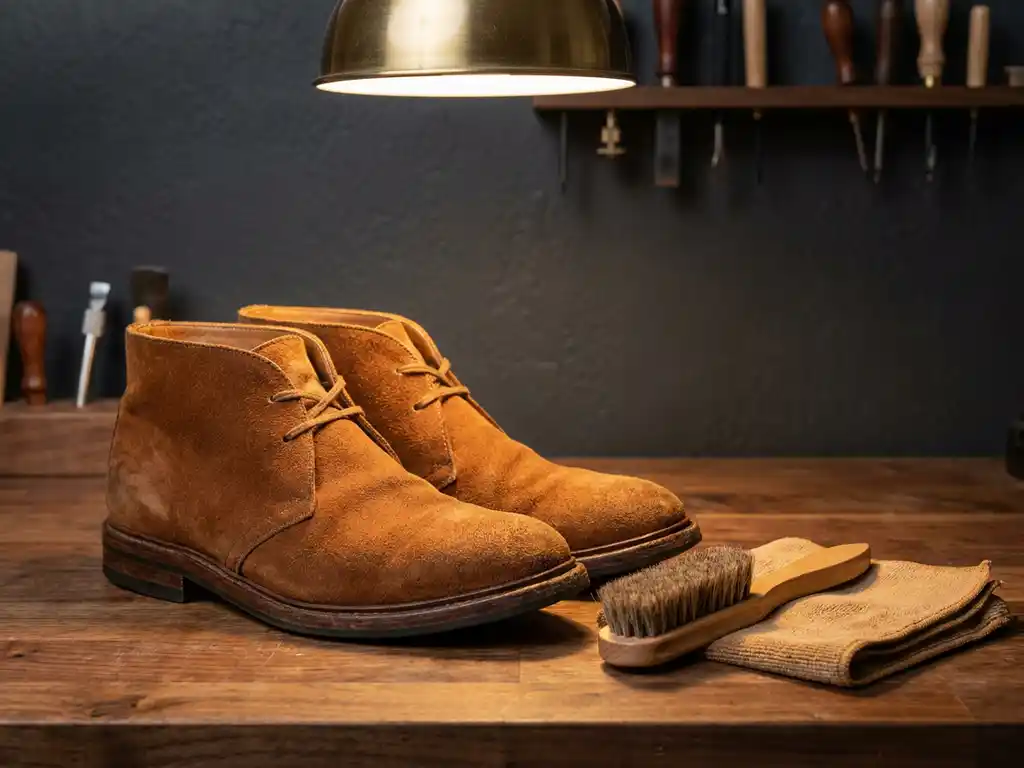 Cognackleurige suède schoenen op een walnoten werkbank met een zachte borstel en doek, warme sfeerverlichting benadrukt de textuur.