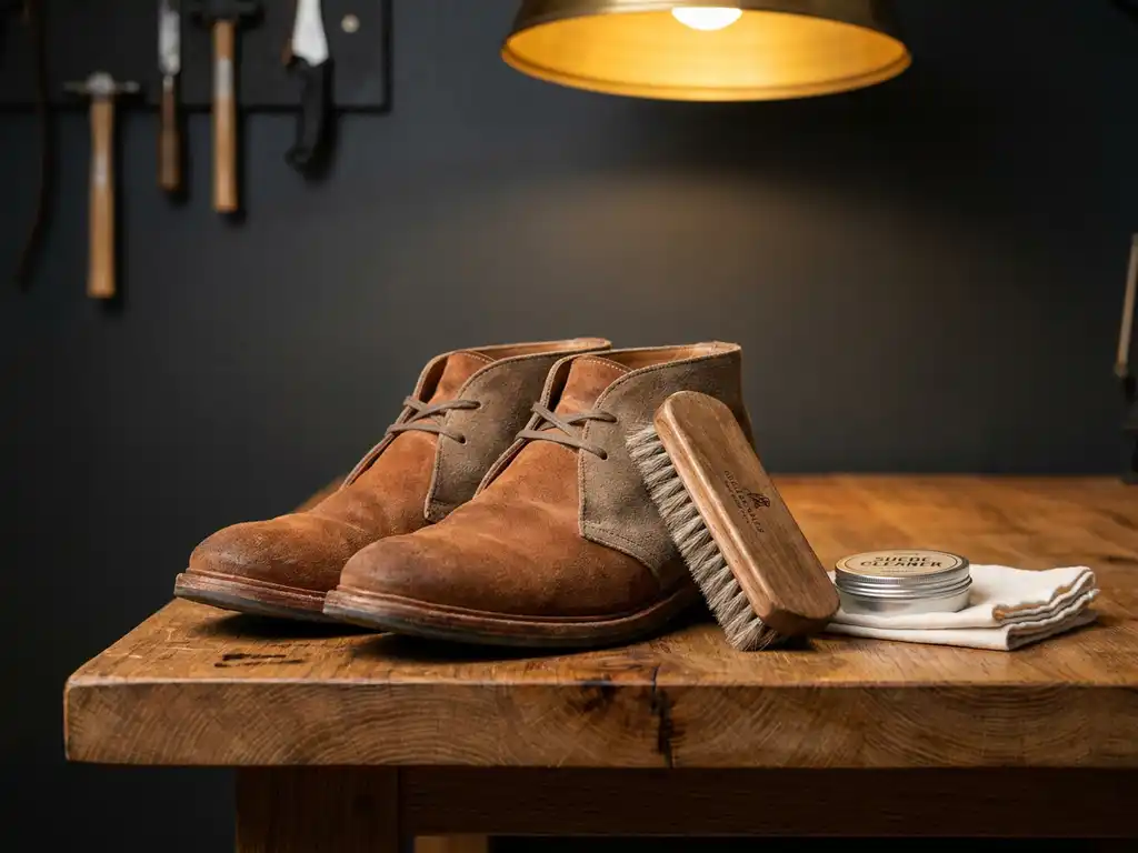 Cognackleurige suède schoenen op eiken werkbank met zachte borstel, reinigingsblik en doek voor schoenverzorging.