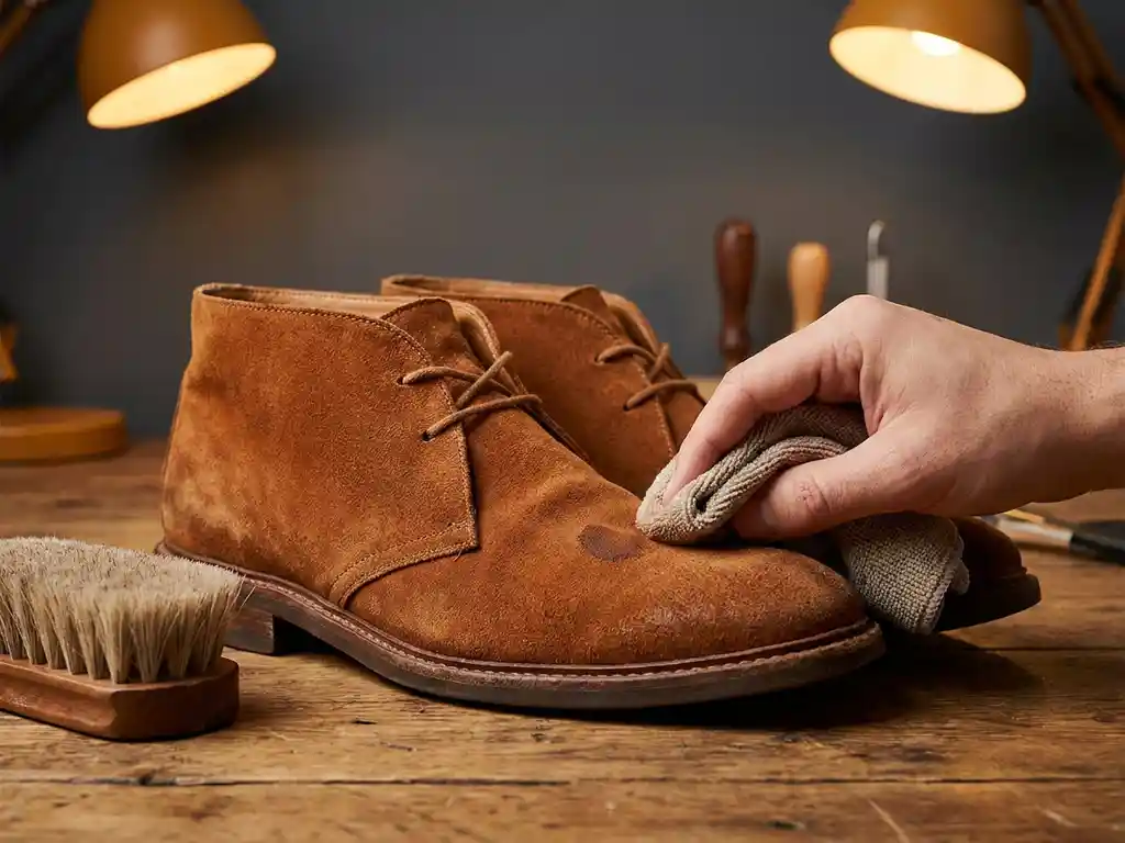 Cognackleurige suède schoenen op houten werkbank naast zachte borstel en doek, één schoen met donkere vlek in behandeling.