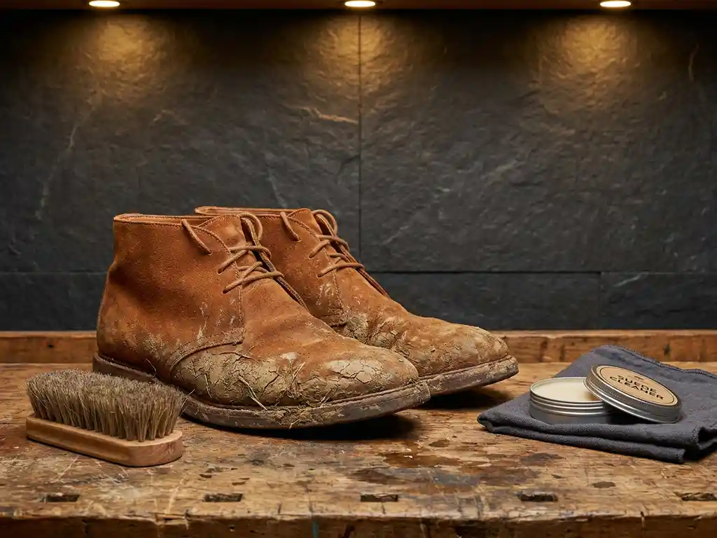 Vuile suède schoenen met modder en grasvlekken op houten werkbank, omringd door reinigingsaccessoires, warm amberkleurig licht.