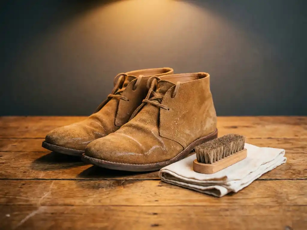 Camelkleurige suède schoenen op eiken houten ondergrond met zoutvlekken, zachte borstel en doekje voor suède reiniging.