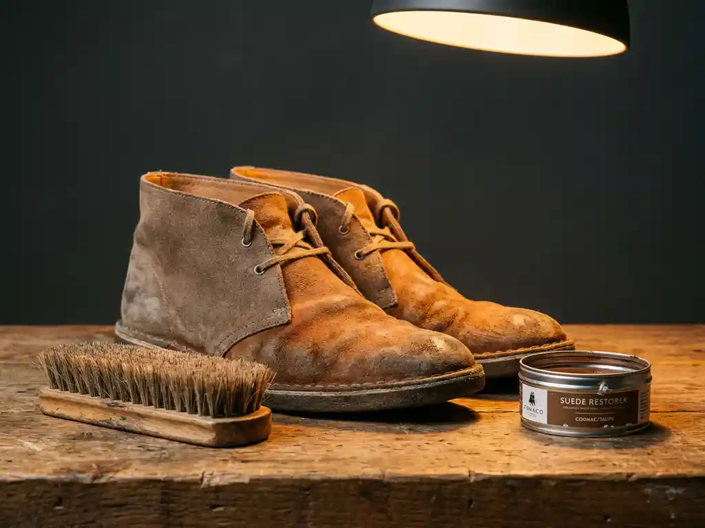 Verkleurde suède schoenen op houten werkbank naast natuurlijke borstel en blik Famaco suède restorer, cognac en taupe tinten.