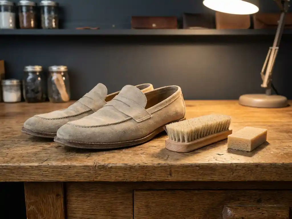 Lichtbeige suède schoenen op eiken houten oppervlak naast een natuurlijke borstel en suède reinigingsblok.