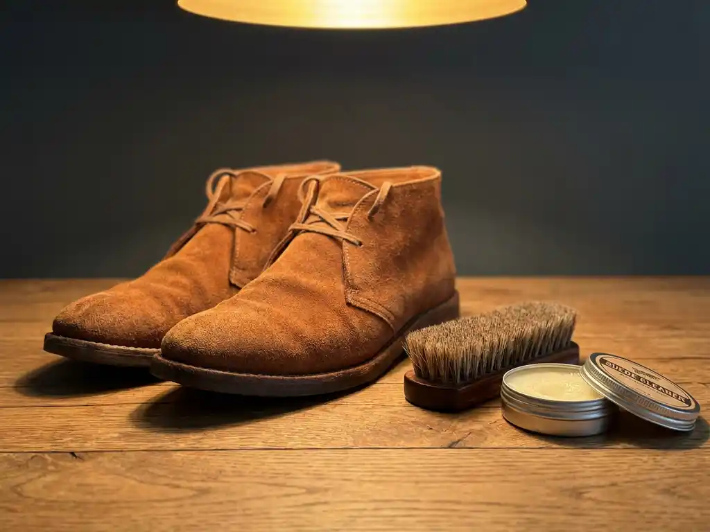 Cognackleurige suède schoenen op eiken houten ondergrond met een natuurlijke borstel en open blikje suèdereiniger.