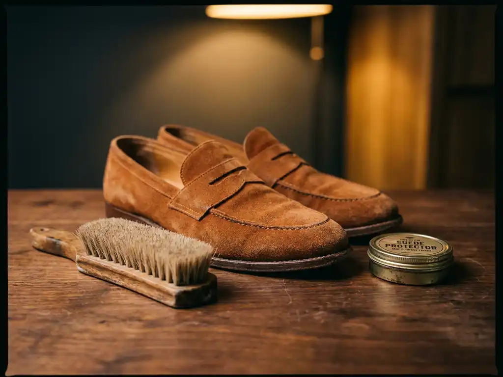 Cognac suède schoenen op donker walnotenhouten oppervlak met suèdeborstel en beschermingsspray ernaast.