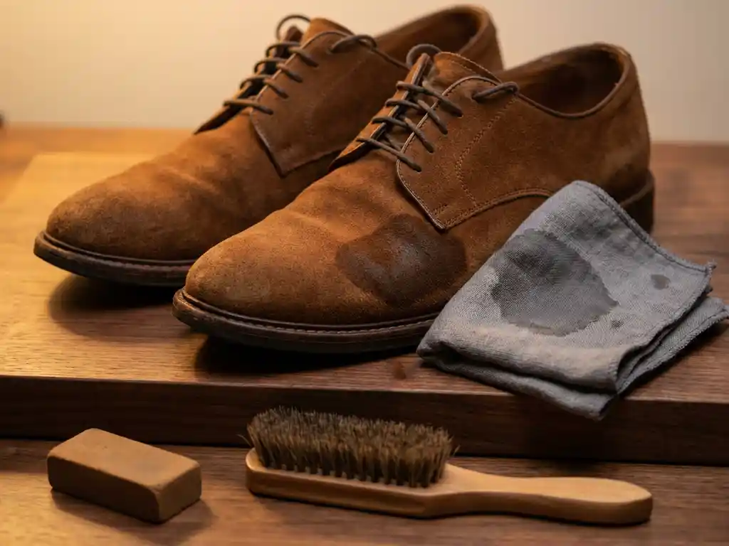 Cognac suède schoenen op donker walnoothouten oppervlak, met vochtschade op de nap, een suède borstel en gum ernaast.