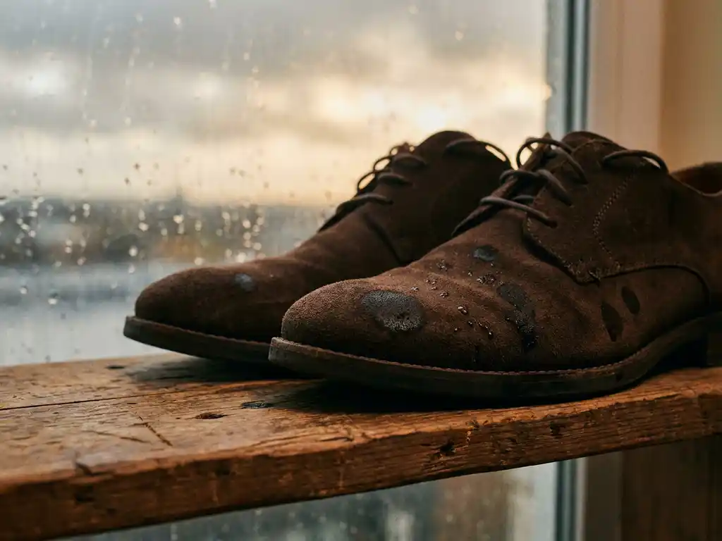 Suède schoenen op houten plank met waterdruppels die in het noppige leer trekken, regenachtig daglicht op de achtergrond.