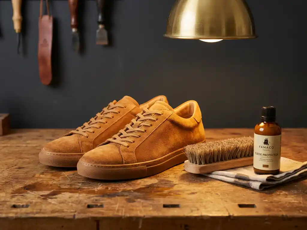Lichtbruine suède sneakers op een houten werkbank met een suèdeborstel en beschermingsspray in warm licht.