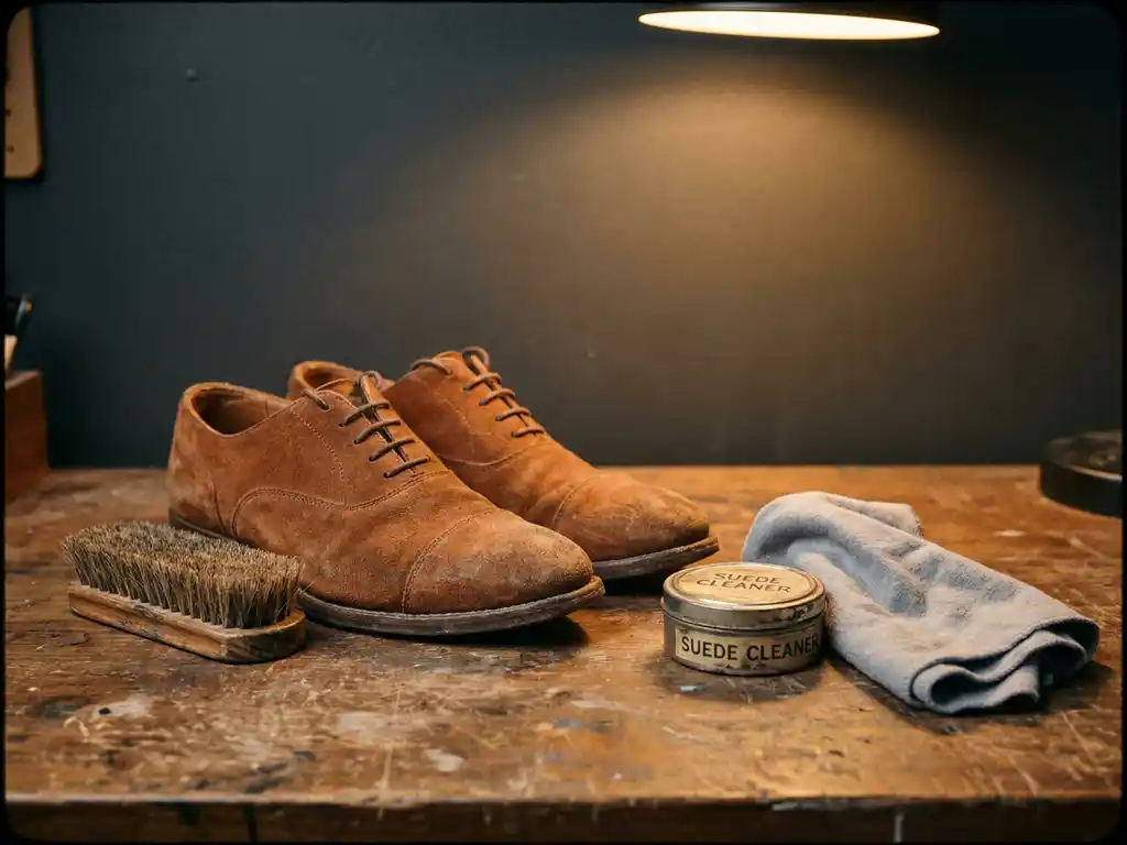 Verwaarloosde suède schoenen op houten werkbank met borstel, reinigingstlik en doek voor suède schoenverzorging.