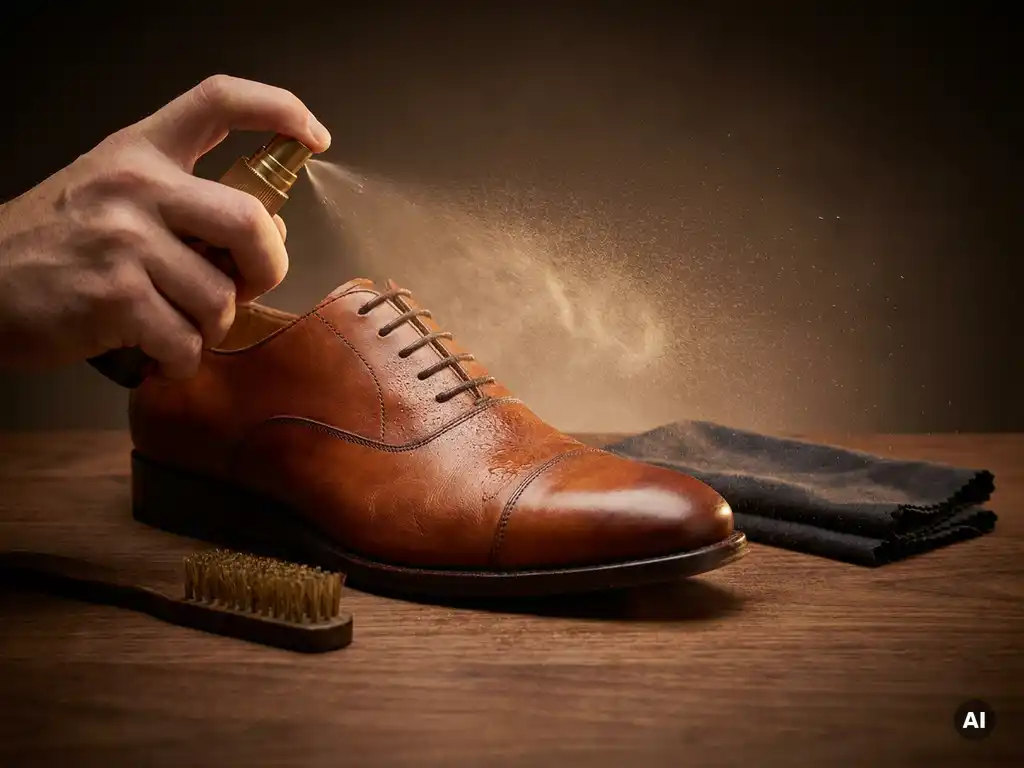 Hand die beschermende spray aanbrengt op een cognackleurig leren Oxford-schoen op donker walnotenhouten oppervlak.