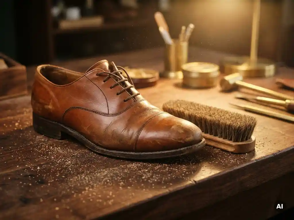 Versleten cognac leren Oxford-schoen op donker walnoothouten werkbank met natuurlijke paardenharen borstel in professioneel schoenverzorgingsatelier.