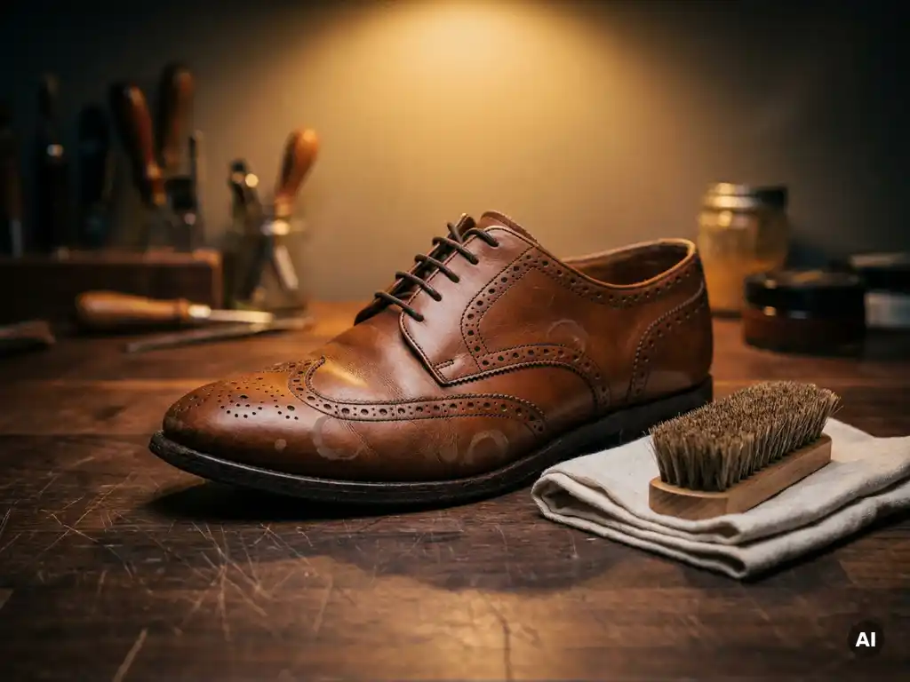 Cognac leren schoen met watervlekken op donker walnoten werkblad, met poetsdoek en borstel in warm amberkleurig licht.