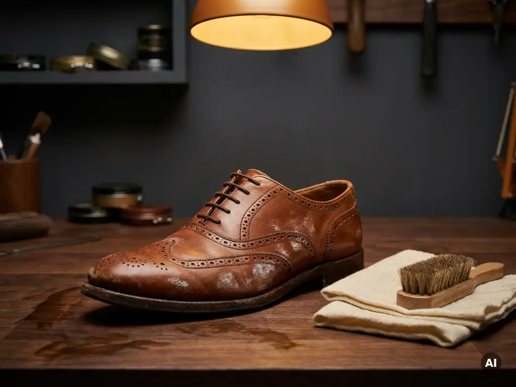 Cognac leren schoen met witte zoutvlekken op donker walnoten werkbank, naast zachte doek en borstel tijdens behandeling.
