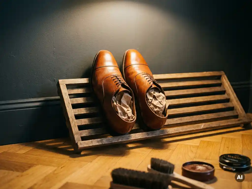Cognac leren herenschoenen op houten droogrek met kraftpapier, op eiken visgraatparket voor antraciet muur.