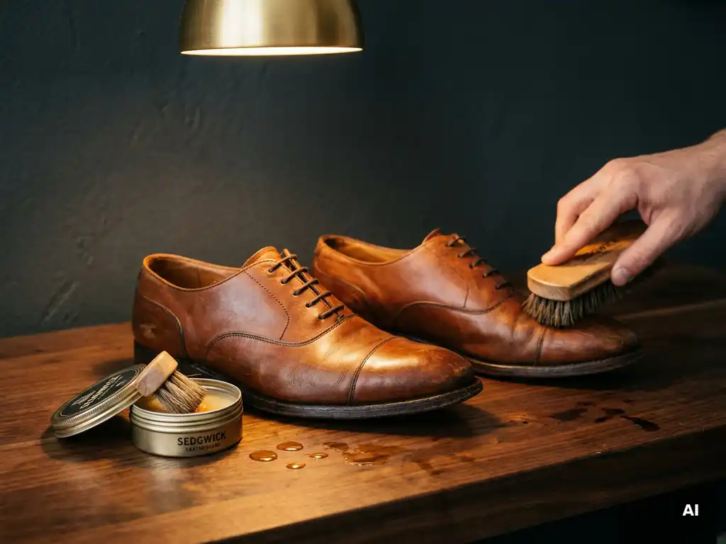 Cognac leren schoenen op donker walnoten werkbank, met open blik leerconditoner en natuurlijke borstel die was aanbrengt.