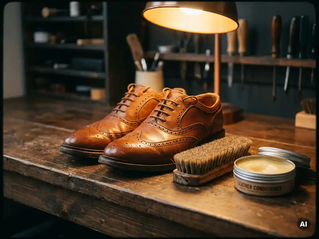 Cognac leren schoenen op donker walnoothouten werkbank met natuurlijke borstel en open pot leercondititioner in warm amberlight.