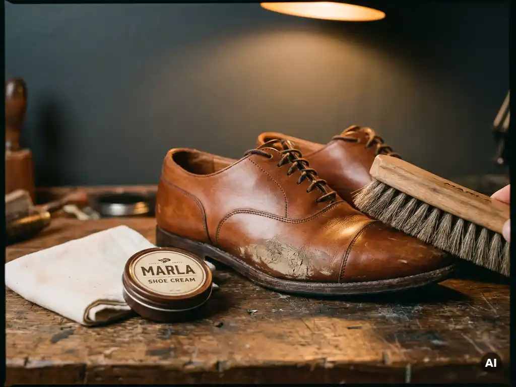 Cognackleurige leren schoenen op houten werkbank, zachte borstel verwijdert modder, pot schoencrème en doek op de achtergrond.