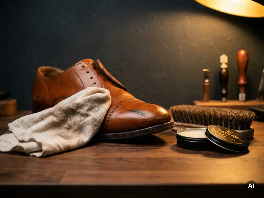 Cognac leren schoen wordt gepoetst met zachte doek, omringd door paardenharen borstel en conditioneringstinnetje op walnoten werkbank.