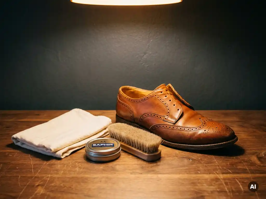Cognac leren schoen met blootgestelde binnenzijde naast een zachte borstel, leerconditioner en gevouwen doek op een walnoten werkbank.